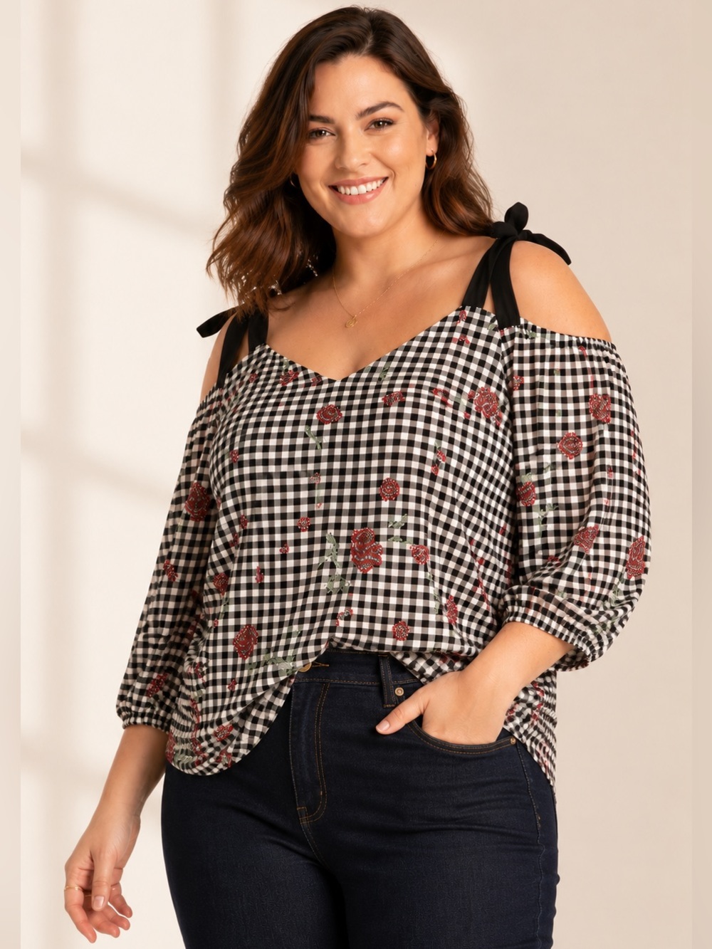 Torrid Size 3 3X Black White Gingham Red Rose Floral Tie Cold Shoulder Blouse